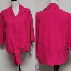 Deadstock Vintage 90s Cotton Magic Fuschia Pink Knit Front Tie Cropped Shacket L